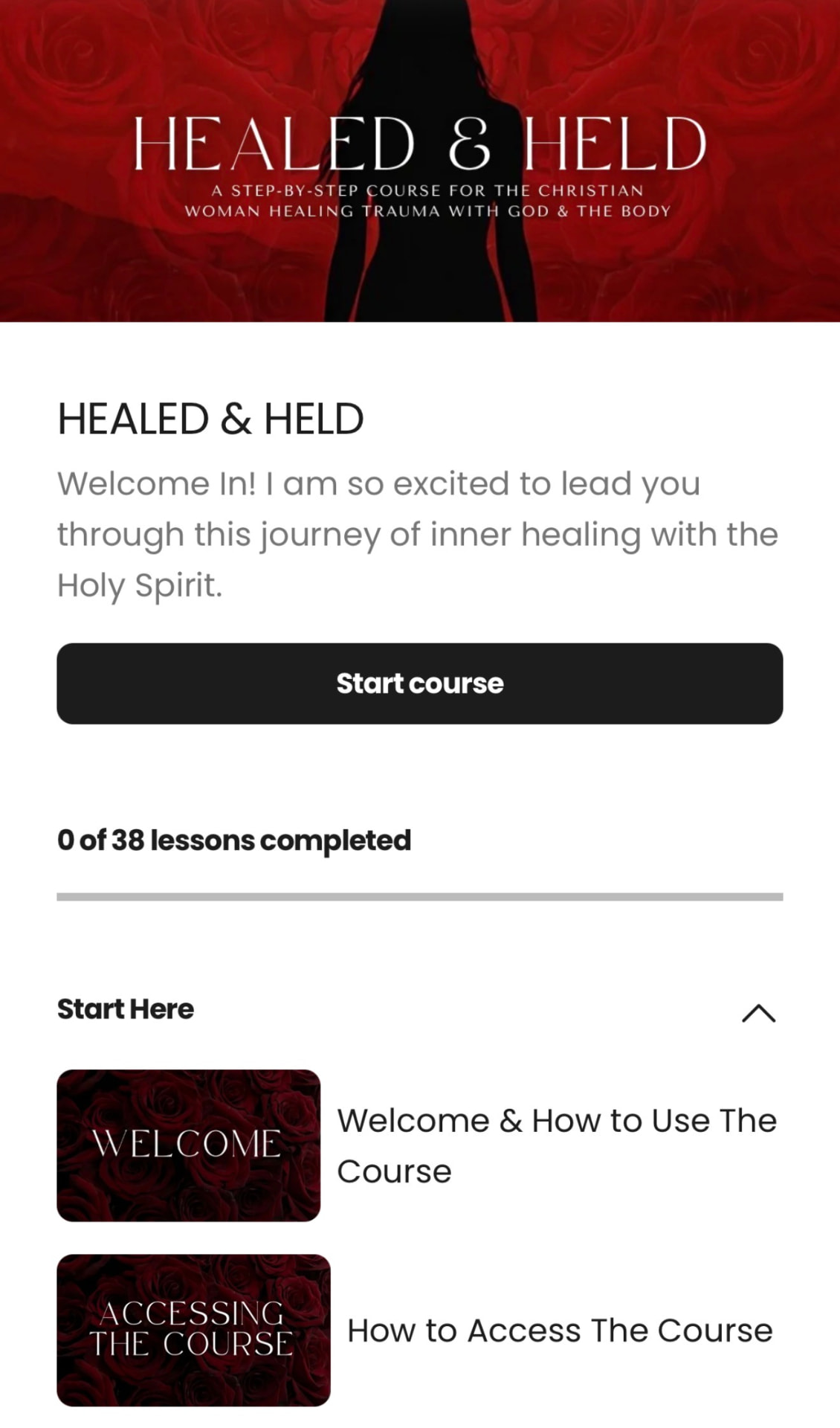 Inside the HEALED & HELD course dashboard